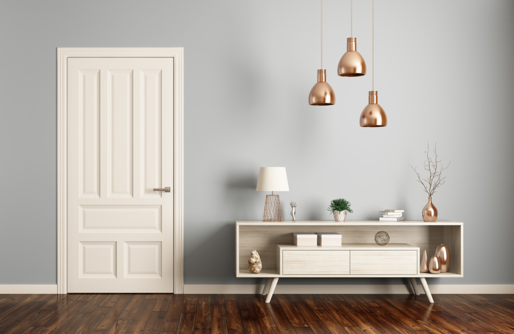 Modern living room interior with door 3d rendering Photo Porte intérieur blanche